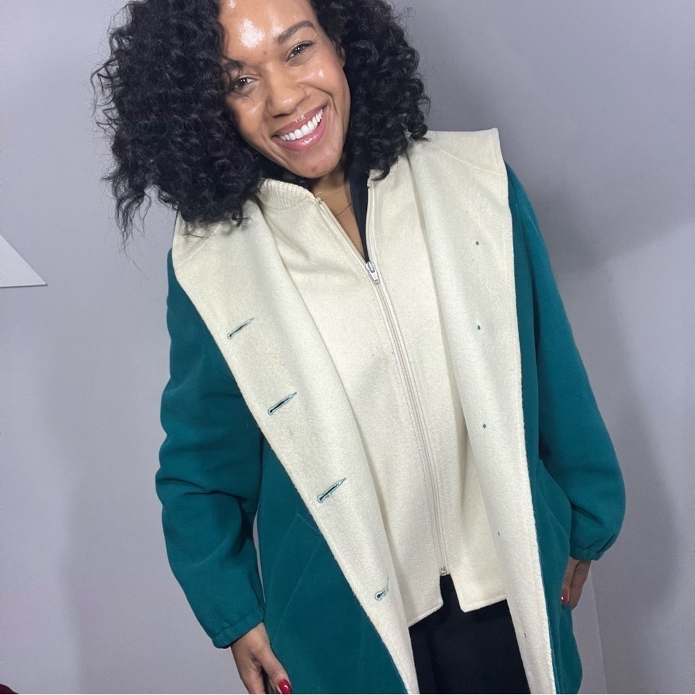Vintage Green Wool Hooded Jacket Indie Hipster Retro Vest Pea Coat Cottagecore - Picture 3 of 16